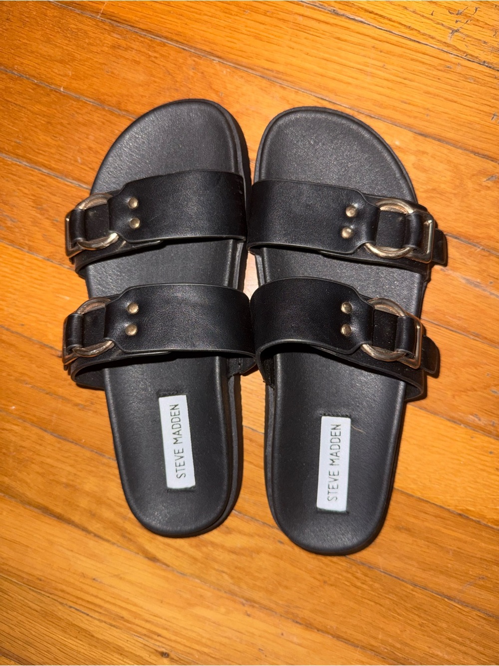 Steve Madden Black Double-Buckle Slide Sandals